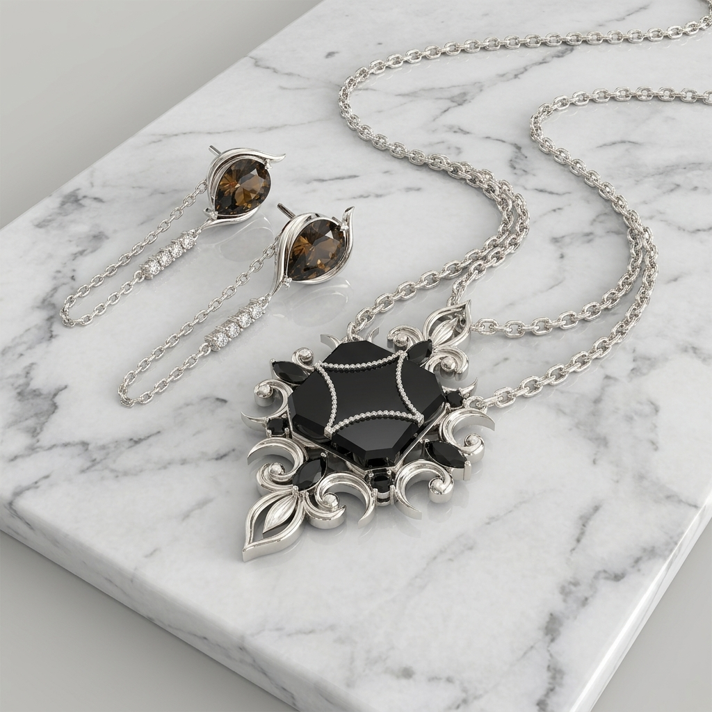 The Dark Romance – Black Onyx Pendant & Smoky Quartz Earrings Set