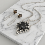 The Dark Romance – Black Onyx Pendant & Smoky Quartz Earrings Set