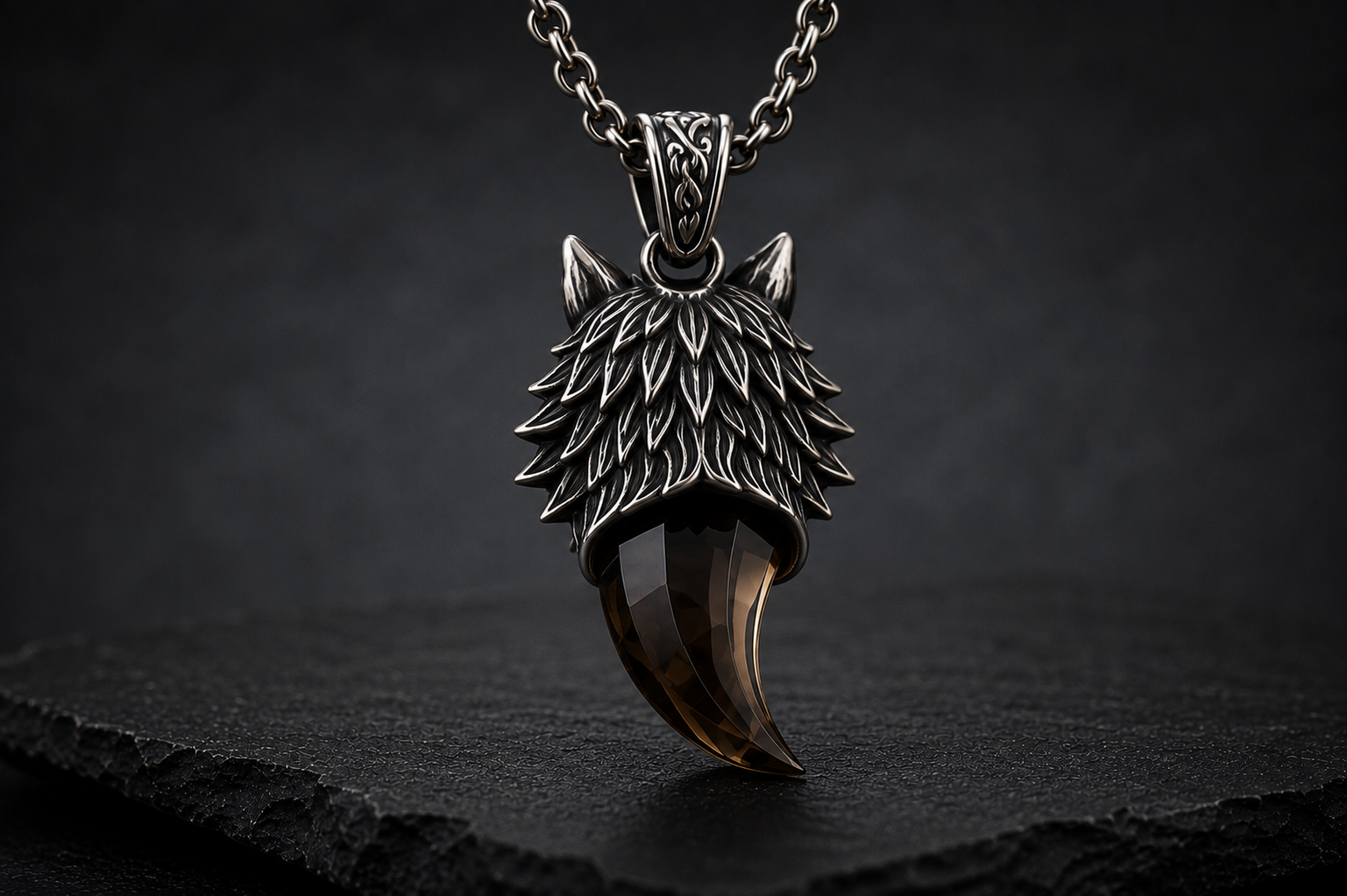 Back view of Praise Jewels Wolf Tooth Pendant in sterling silver with smoky quartz