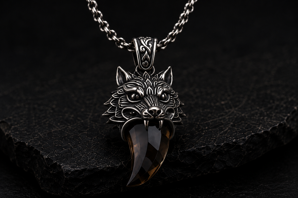 Close-up detail of Praise Jewels Wolf Tooth Pendant and smoky quartz gemstone