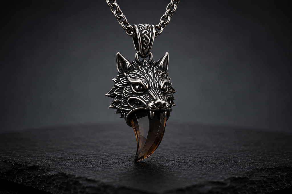 Front view of Praise Jewels Wolf Tooth Pendant with natural smoky quartz