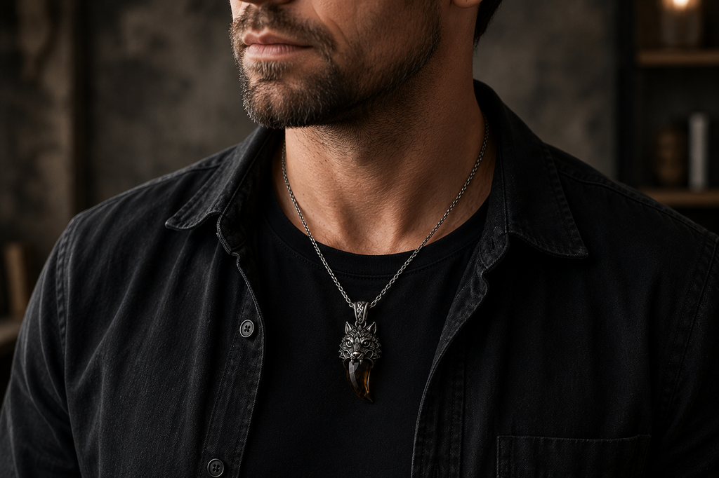 Praise Jewels Wolf Tooth Pendant with smoky quartz worn by a man