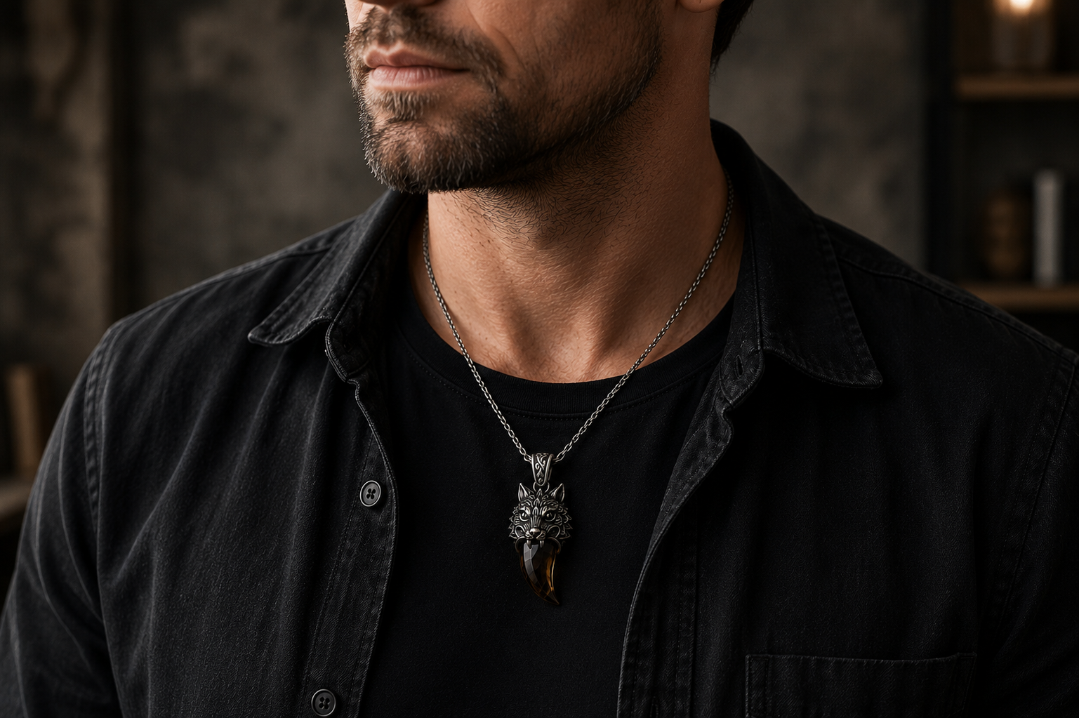 Praise Jewels Wolf Tooth Pendant with smoky quartz worn by a man