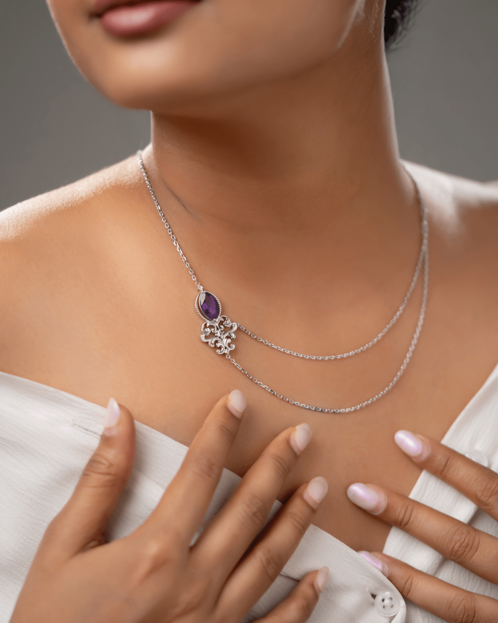 Amethyst Layered Necklace in 925 Sterling Silver | Vintage Inspired Gemstone Necklace - Praise Jewels Necklace