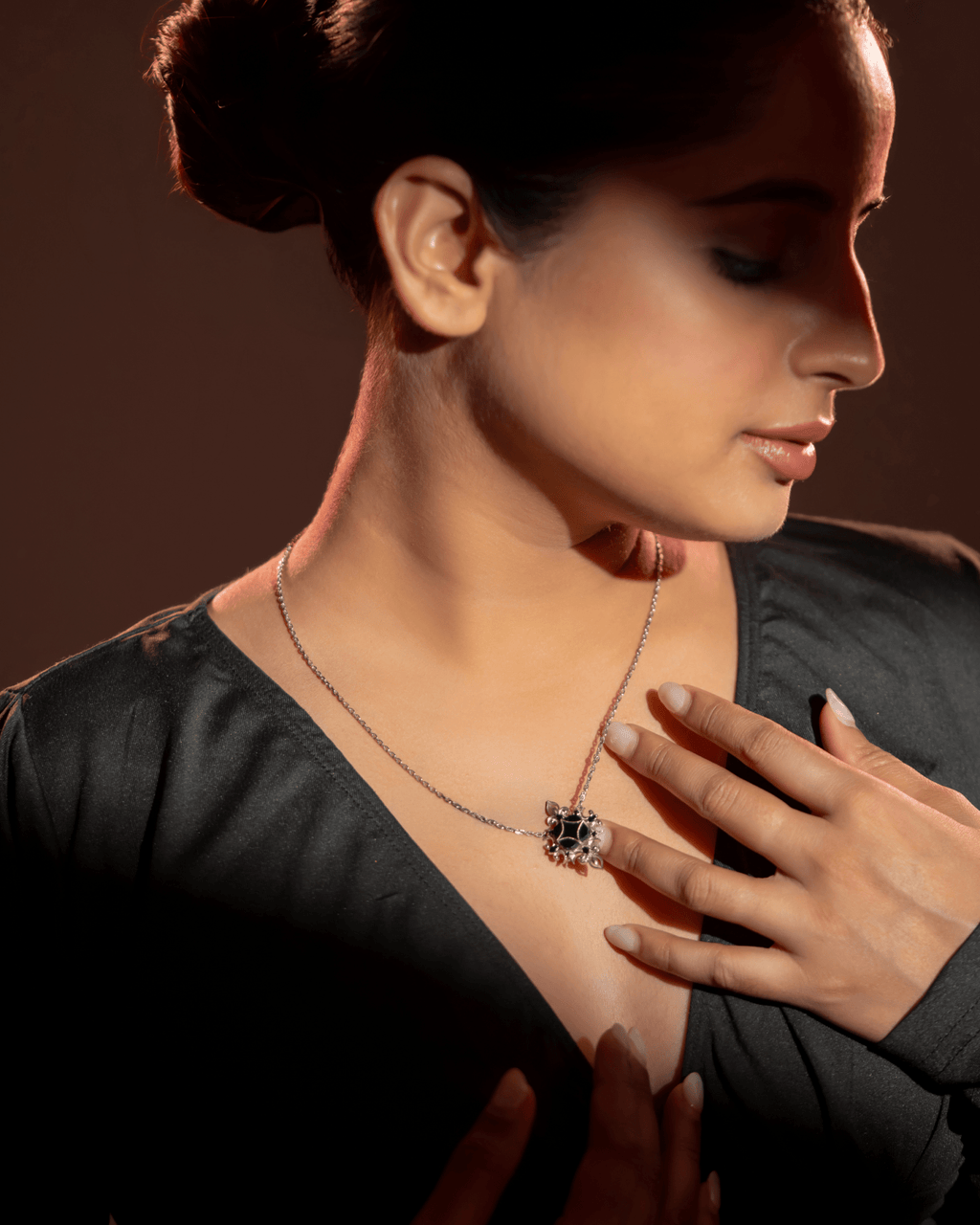 Black Onyx Pendant Necklace in 925 Sterling Silver | Gothic Floral Necklace - Praise Jewels Necklace