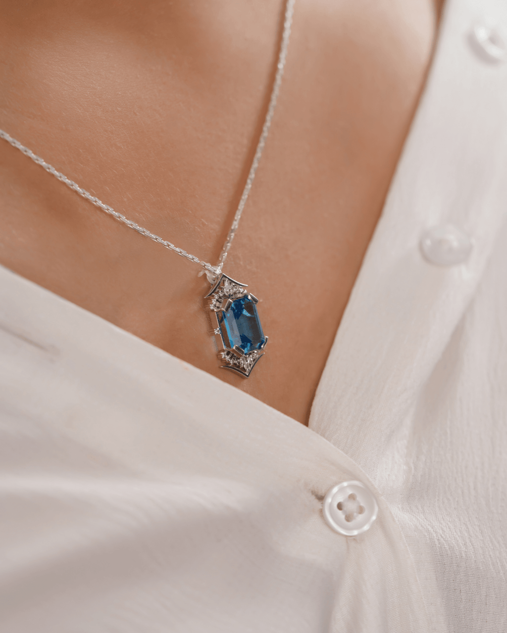 Blue Topaz Art Deco Hexagon Pendant — 925 Sterling Silver - Praise Jewels Pendant