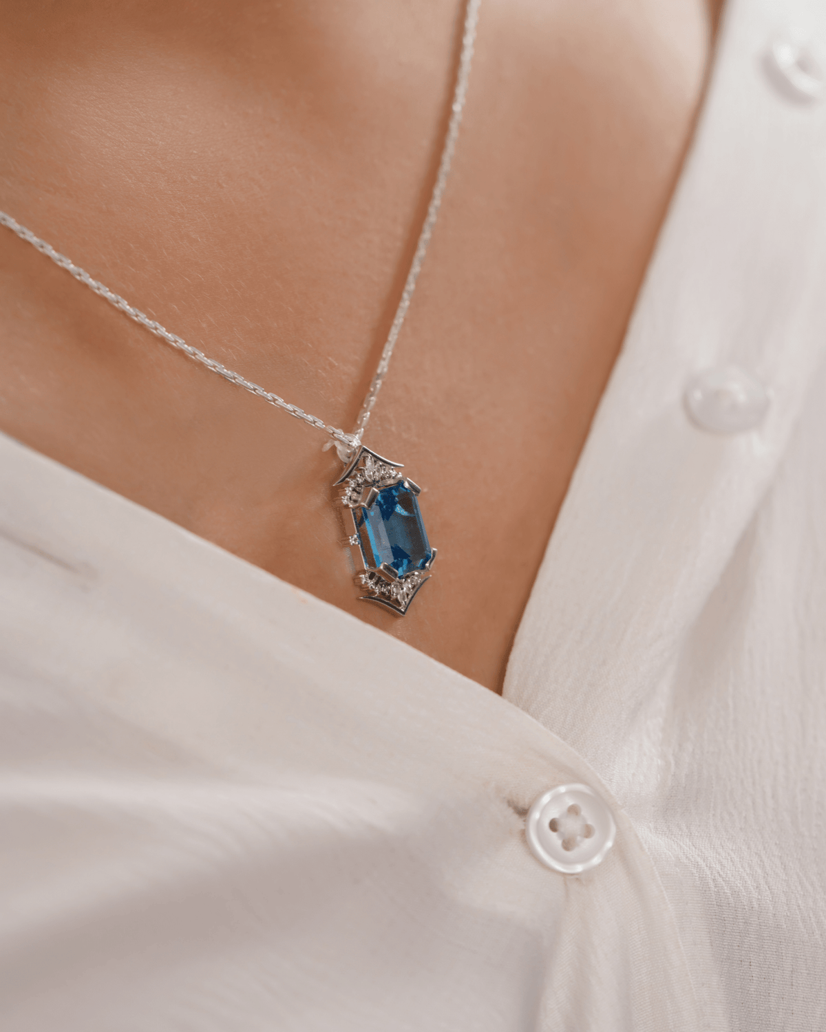 Blue Topaz Art Deco Hexagon Pendant — 925 Sterling Silver - Praise Jewels Pendant