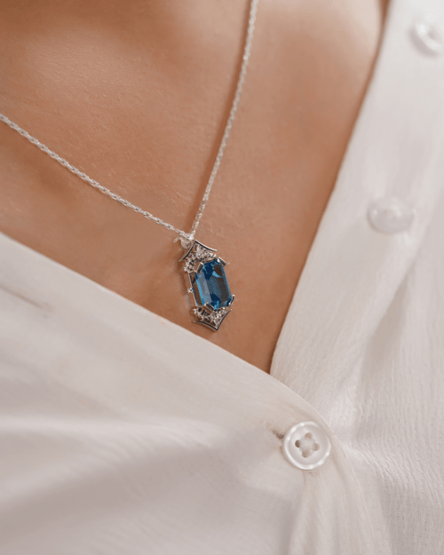 Blue Topaz Art Deco Hexagon Pendant — 925 Sterling Silver - Praise Jewels Pendant