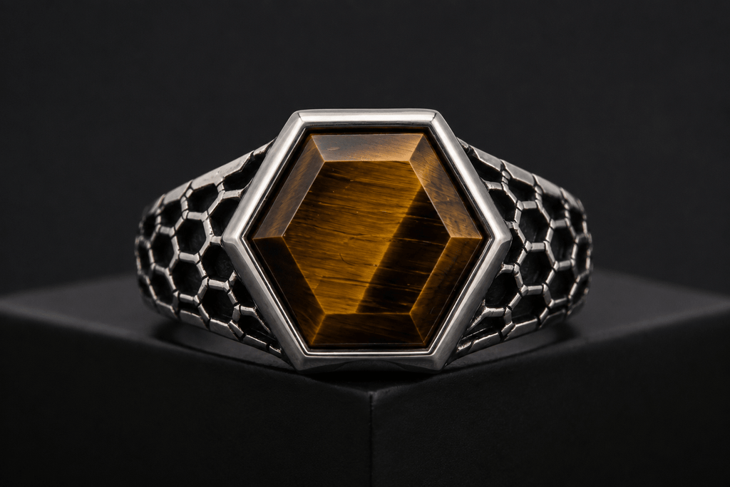 Hex Armor Ring | Natural Tiger Eye | 925 Sterling Silver - Praise Jewels Men's Gemstone Ring
