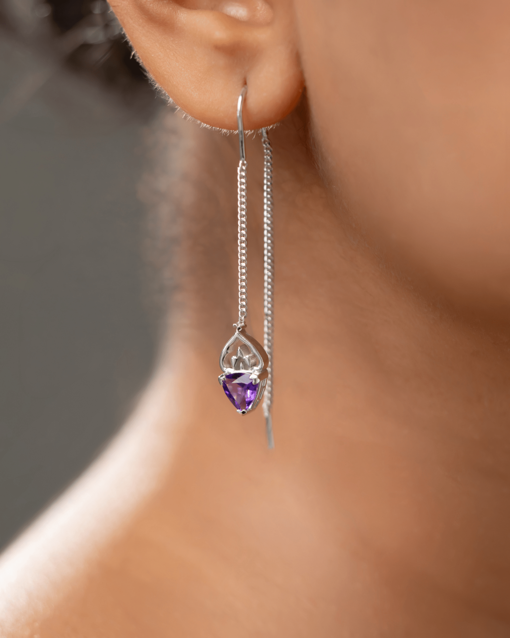 Natural Amethyst Threader Earrings in 925 Sterling Silver | Minimalist Drop Earrings - Praise Jewels earrings