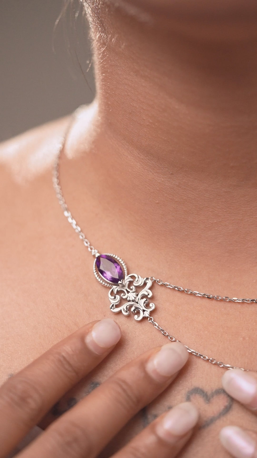 Amethyst Layered Necklace in 925 Sterling Silver | Vintage Inspired Gemstone Necklace - Praise Jewels Necklace
