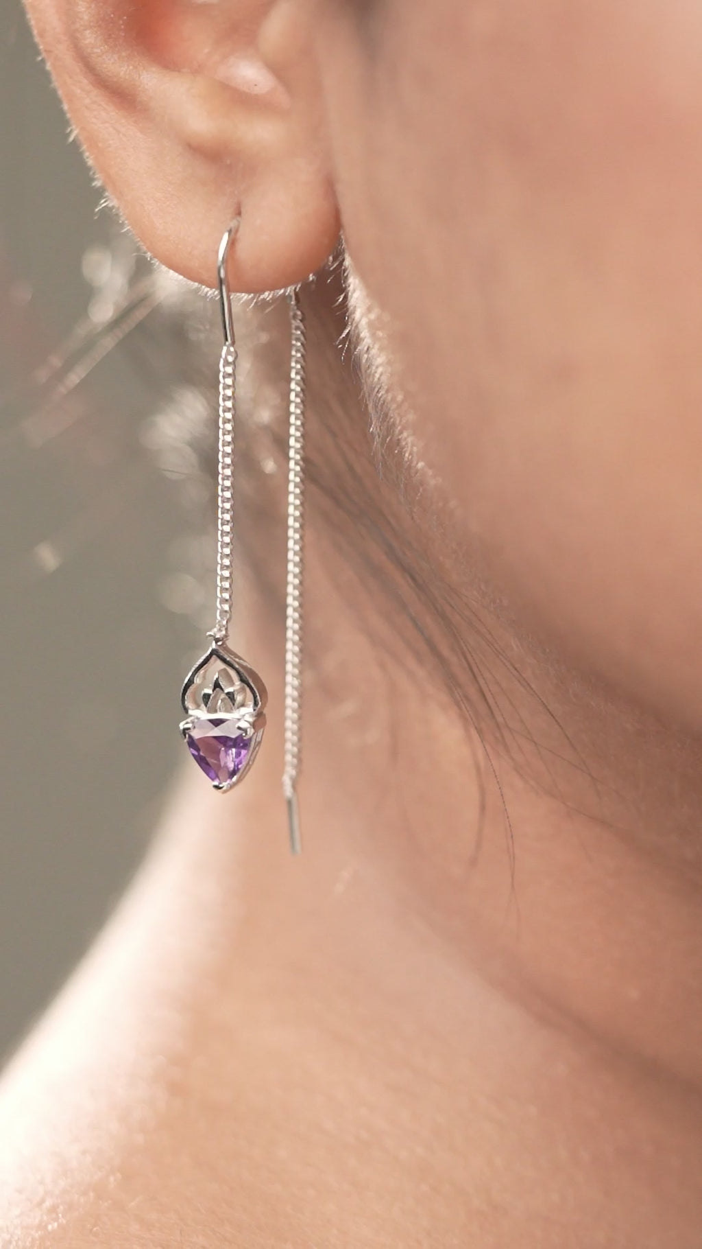 Natural Amethyst Threader Earrings in 925 Sterling Silver | Minimalist Drop Earrings - Praise Jewels earrings