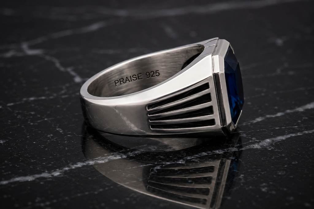 Royal Crest Ring side view in 925 sterling silver with London Blue Topaz