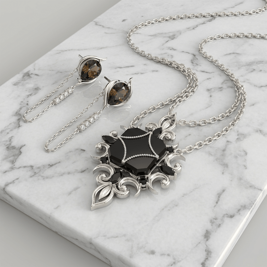 The Dark Romance – Black Onyx Pendant & Smoky Quartz Earrings Set - Praise Jewels bundle